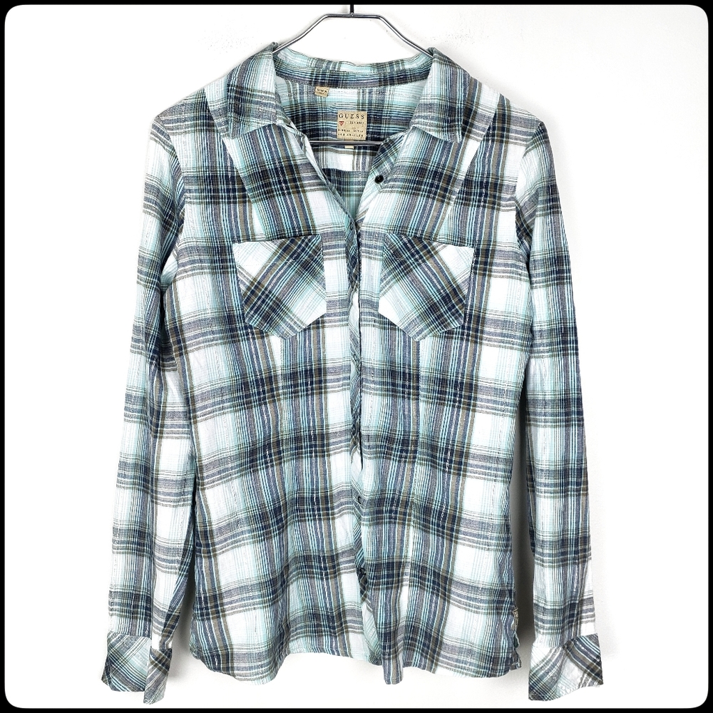 GUESS Aqua, Silver, Blue & Tan Snap Button Down Plaid Blouse Top Size: Medium